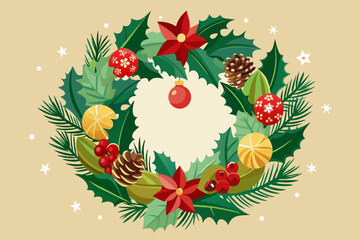 A festive holiday wreath adorned with vibrant red flowers, green foliage, and seasonal decorations creates a cheerful atmosphere for celebrations