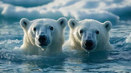 Wall Mural - two polar bears swim in icy water, their faces peering above the surface. they are looking directly 