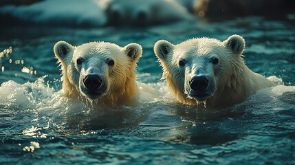 Wall Mural - two polar bears swim together in icy water, looking directly at the camera.
