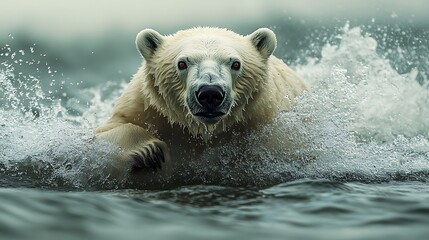 Wall Mural - a polar bear emerges from the water, splashing and creating a spray of water.