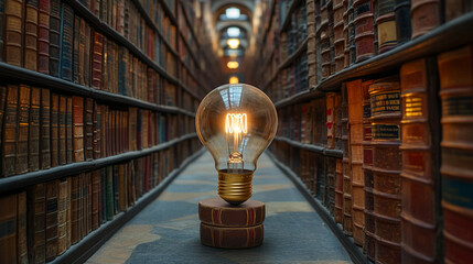 glowing light bulb illuminates against a blurred book, symbolizing clarity, insight, and inspiration emerging from knowledge