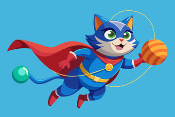 Poster - A cheerful cartoon cat in a superhero costume flies through the sky, joyfully holding a colorful ball while wearing a red cape and blue outfit during a bright, sunny day