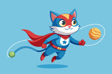 Poster - A cheerful cartoon cat in a superhero costume flies through the sky, joyfully holding a colorful ball while wearing a red cape and blue outfit during a bright, sunny day