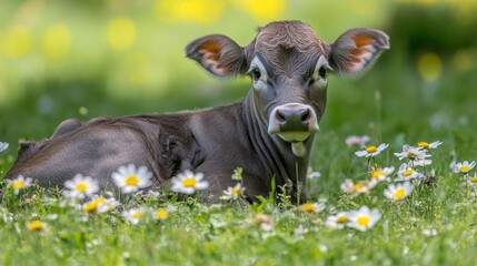 Calf resting in a flower-filled meadow on a sunny day