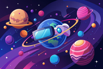 Poster - A colorful digital illustration of Earth surrounded by vibrant planets and stars, showcasing a cosmic scene with a mix of bright celestial bodies in a playful space environment