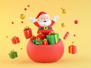 Santa claus jumping out of a christmas bag full of gift boxes on yellow background