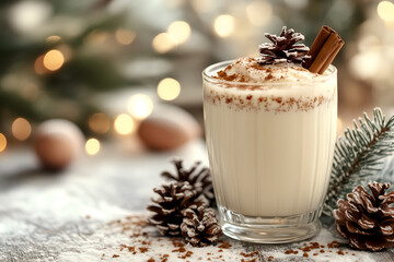 Wall Mural - Creamy eggnog in a festive glass, topped with cinnamon and a pinecone, with a warm, holiday bokeh background. Perfect for seasonal advertising, menus, and blogs