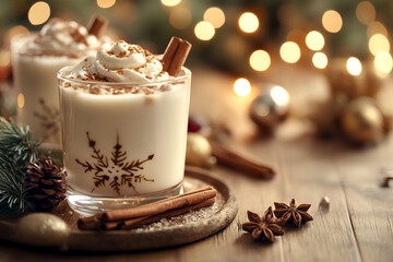 Wall Mural - A glass of creamy eggnog topped with whipped cream and a sprinkle of cinnamon, set against festive Christmas holiday ornaments and bokeh lights. Great for festive advertising or culinary blogs.