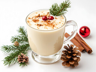 Wall Mural - Glass of eggnog topped with cranberries, cinnamon, and pine sprigs, isolated on white with Christmas decor. Perfect for use in holiday menus, seasonal promotions, and festive blogs.