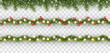 © Kindlena - Borders with green fir branches, lights isolated on transparent background. Pine, xmas evergreen plants banners. Vector snow Christmas tree garland set