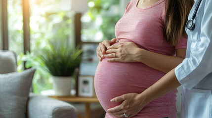 obstetrician gently touches a pregnant belly, symbolizing care and support. The image conveys the deep emotional connection and sensitivity surrounding pregnancy and related issues