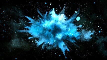 Fototapete - An explosion of turquoise particles unfolds, radiating vibrant energy in all directions, creating a mesmerizing cosmic effect against the darkness.