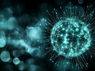 Poster - A mesmerizing turquoise particle explosion forms a glowing sphere of energy, scattering luminous particles dynamically across a dark background, evoking cosmic beauty.
