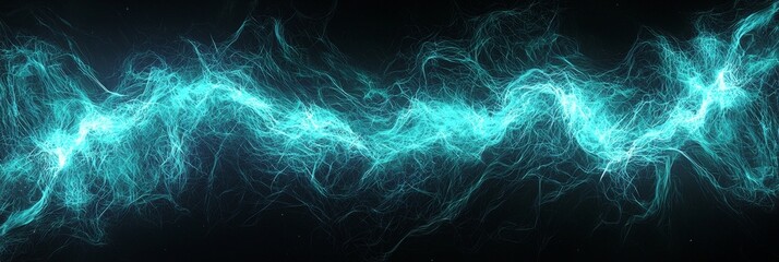 Fototapete - A brilliant burst of turquoise particles radiates outward, creating a mesmerizing wave of glowing energy that illuminates the darkness with its vibrant allure.