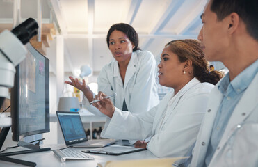 Aufkleber - Computer, science and team of people in laboratory for healthcare, medical and research breakthrough. Mpox deadline, pharmacy and study with group for medicine, biotechnology and vaccine innovation