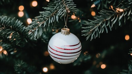 Wall Mural - A beautifully designed red and white ornament dangles from a lush green Christmas tree branch, adorned with warm golden lights, capturing the festive spirit of the holidays.