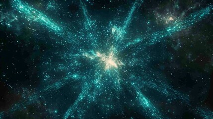 Aufkleber - An eruption of turquoise particles ignites from the center, sending luminous trails spiraling outward in a mesmerizing display of cosmic energy and motion.