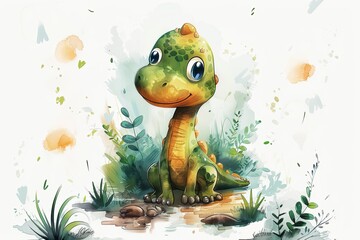 Watercolor illustration of a cute green baby dinosaur with big eyes sitting in a small puddle surrounded by plants and foliage