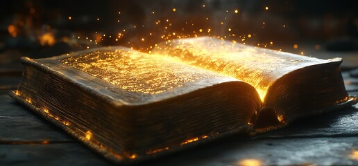 An ancient book with glowing pages, radiating magic and secrets.