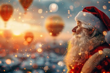 Wall Mural - Santa Claus Portrait, Christmas Magic, Warm Sun, Balloons, Festive Christmas Atmosphere