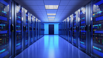  modern server racks in a high-tech data center, symbolizing network security, technology infrastructure, and efficient data management. A secure digital environment for cloud computing