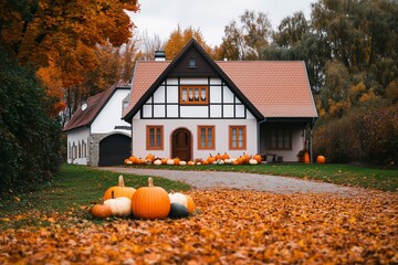  A cozy house , surrounded by pumpkins and gourds in the front yard, fall aesthetic banner. Autumn sesonal and halloween concept