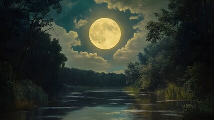 Wall Mural - Moonlit river painting with trees and full moon image