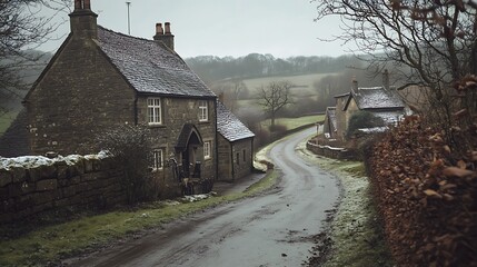 Old Stone Cottage on a Winding Road in a Rural English Village