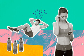 Sticker - Trend artwork composite collage of silhouette sport lifestyle young woman practicing listen music man do training exercise water bottle