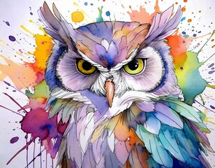  painted watercolor owl bird in happy vivid colors