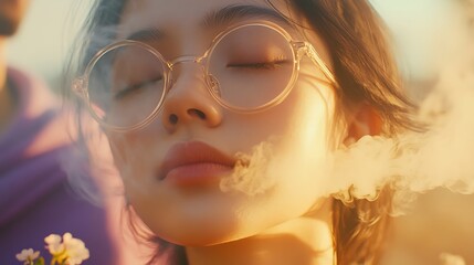 Poster - Close up portrait of a woman with glasses and eyes closed. Sunlight streaming through hair.