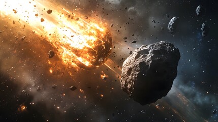 Asteroid Collision: Two asteroids on a collision course, moments before impact, with debris scattering through space.
