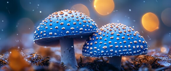 Two blue mushrooms with white dots in a forest.