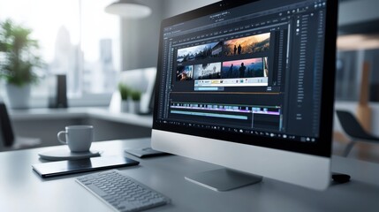 Poster - a sleek office desk features a computer monitor displaying a dynamic video editing software interfac