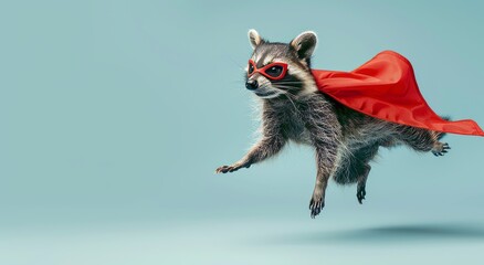 Raccoon in superhero red cloak. Super animal hero in mask with copyspace. Funny happy humor raccoon portrait on blue background. Cute pet in costume