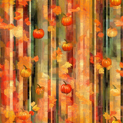 Digital glitch style pattern with pumpkins, fall leaves and trees, colorful neon lights - seamless pattern