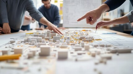 a group of architects engages in a focused discussion around a large table, analyzing a detailed arc