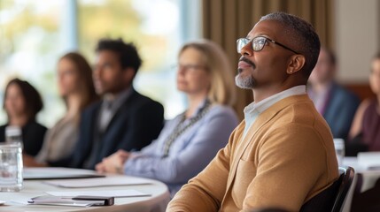 A diverse group of adults participates in engaging discussions at round tables, fostering collaboration and learning in a conference room setting