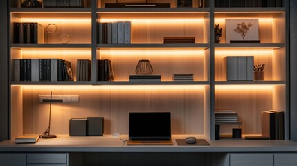 Poster - This well-designed home office showcases built-in shelving neatly arranged with books and files, enhanced by soft illumination, creating an inviting workspace