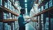 © Elmira - A logistics manager stands in a large warehouse, concentrating on a tablet that displays inventory data, surrounded by shelves filled with packaged goods