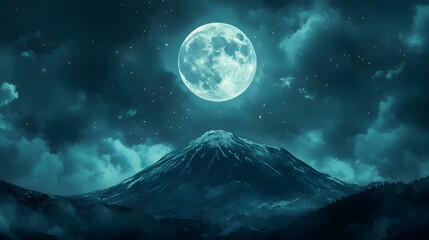 Sticker - Mountain and full moon depicted in stunning painting image