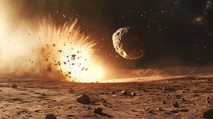 Asteroid Impact on Moon: An asteroid hurtling towards a barren moon, just before impact, with dust and debris starting to rise.
