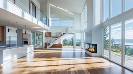 Poster - This contemporary living space boasts a spacious open layout, an integrated kitchen, large windows offering stunning views, and beautiful wooden flooring illuminated by natural light