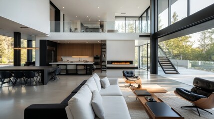 Poster - The spacious living area showcases an open-plan design with a stylish kitchen and spacious seating, highlighted by large windows allowing abundant sunlight