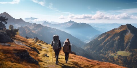 A happy couple of tourists are trekking in the Alpine mountains. generative AI.