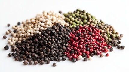 A medley of black, white, red, and green peppercorns is carefully hand-poured to create a vibrant and aromatic spice blend, ready to enhance culinary creations. 