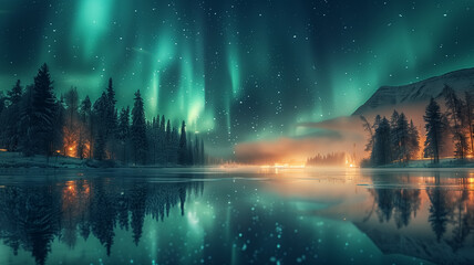 Northern Lights , Aurora Borealis dancing in the sky at night. Fantasy landscape