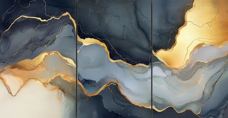 With burnt and gold elements, this set of abstract 3D textured wall art is designed in a grunge style