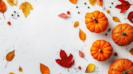 In autumn sunlight, two orange pumpkins stand out between fallen leaves