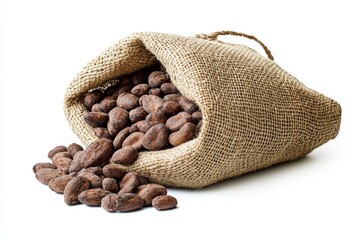 Cocoa beans extracted from the ground and isolated on a jute background.